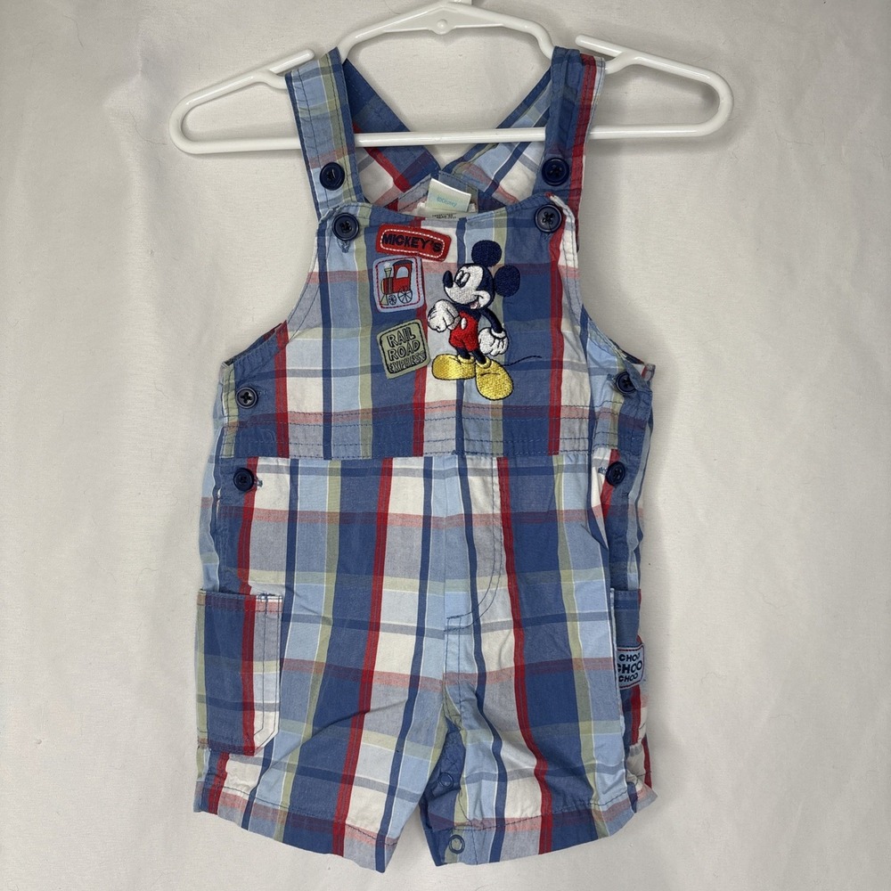 Disney 6-9 Months Boy Girls Plaid Bib Overalls Railroad Express Blue